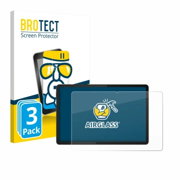 Front side of a product packaging with the brand logo BROTECT. Next to it is the device Lenovo Tab K11e shown with the corresp