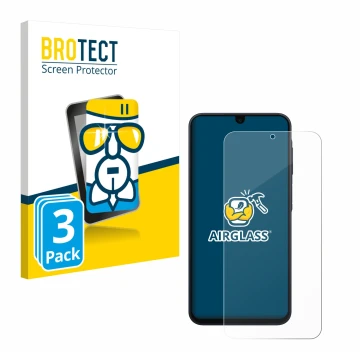Front side of a product packaging with the brand logo BROTECT. Next to it is the device Samsung Galaxy A17 4G shown with the c
