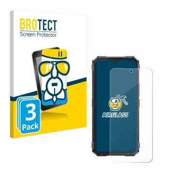 Front side of a product packaging with the brand logo BROTECT. Next to it is the device Cubot King Kong 11 shown with the corr