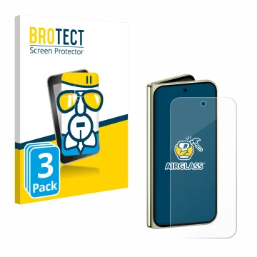 Front side of a product packaging with the brand logo BROTECT. Next to it is the device Google Pixel 10 Pro Fold shown with th