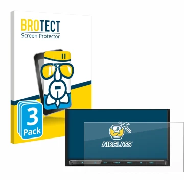 Front side of a product packaging with the brand logo BROTECT. Next to it is the device Kenwood DMX8021DABS shown with the cor