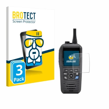 Front side of a product packaging with the brand logo BROTECT. Next to it is the device Icom IC-M94D shown with the correspond