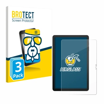 Front side of a product packaging with the brand logo BROTECT. Next to it is the device Telekom T Tablet 2 shown with the corr