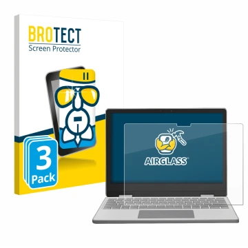 Front side of a product packaging with the brand logo BROTECT. Next to it is the device Framework Laptop 12 shown with the cor