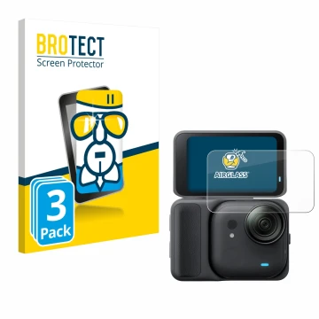 Front side of a product packaging with the brand logo BROTECT. Next to it is the device Insta360 Go Ultra shown with the corre