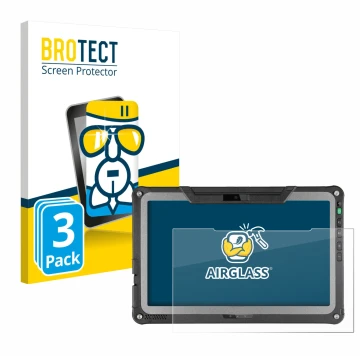 Front side of a product packaging with the brand logo BROTECT. Next to it is the device Getac F110 G7 shown with the correspon