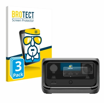 Front side of a product packaging with the brand logo BROTECT. Next to it is the device EcoFlow River 3 Plus shown with the co