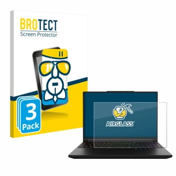 Front side of a product packaging with the brand logo BROTECT. Next to it is the device XMG Pro 16 shown with the correspondin