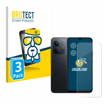 Front side of a product packaging with the brand logo BROTECT. Next to it is the device Xiaomi Redmi 15C (Front+Camera) shown 