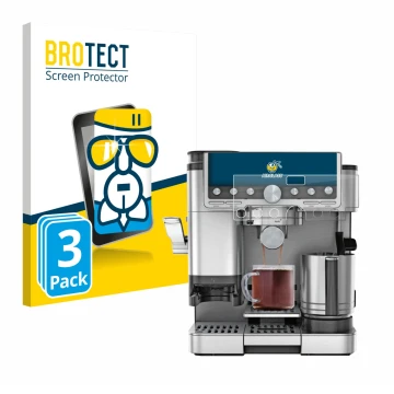 Front side of a product packaging with the brand logo BROTECT. Next to it is the device Ninja Luxe Cafe Pro ES701EU shown with