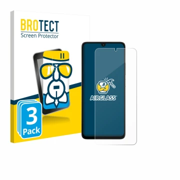 Front side of a product packaging with the brand logo BROTECT. Next to it is the device Motorola Moto G06 shown with the corre