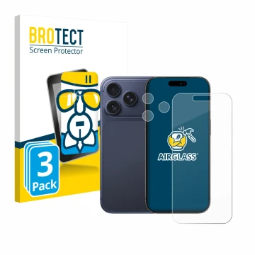 Front side of a product packaging with the brand logo BROTECT. Next to it is the device Apple iPhone 17 Pro (Front+Camera) sho