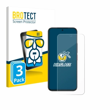 Front side of a product packaging with the brand logo BROTECT. Next to it is the device Nubia Air shown with the corresponding