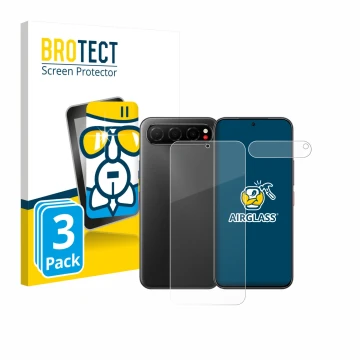 Front side of a product packaging with the brand logo BROTECT. Next to it is the device Nubia Air (Front+Camera) shown with th