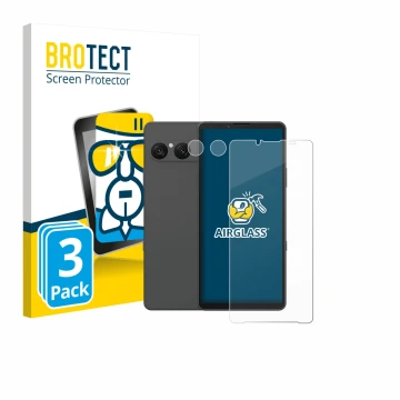 Front side of a product packaging with the brand logo BROTECT. Next to it is the device Sony Xperia 10 VII (Front+Camera) show