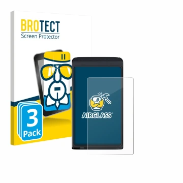 Front side of a product packaging with the brand logo BROTECT. Next to it is the device Vasco Translator Q1 shown with the cor