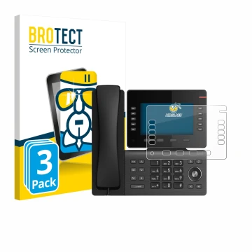 Front side of a product packaging with the brand logo BROTECT. Next to it is the device Snom D865 shown with the corresponding