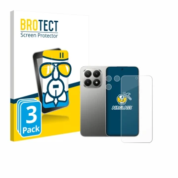 Front side of a product packaging with the brand logo BROTECT. Next to it is the device Xiaomi 15T (Front+Camera) shown with t