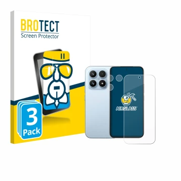 Front side of a product packaging with the brand logo BROTECT. Next to it is the device Xiaomi 17 (Front+Camera) shown with th