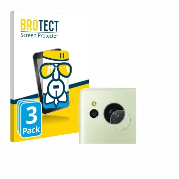 Front side of a product packaging with the brand logo BROTECT. Next to it is the device Sharp Aquos Sense 8 (ONLY Camera) show