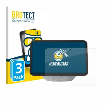 Front side of a product packaging with the brand logo BROTECT. Next to it is the device Amazon Echo Show 11 2025 shown with th