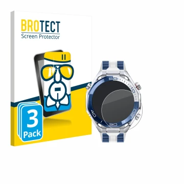 Front side of a product packaging with the brand logo BROTECT. Next to it is the device Huawei Watch Ultimate 2 Blue shown wit