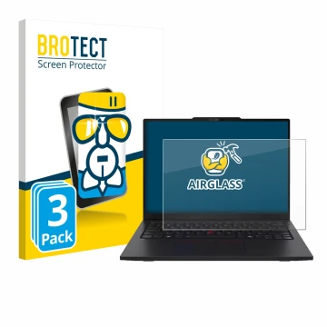 Front side of a product packaging with the brand logo BROTECT. Next to it is the device Lenovo ThinkPad L13 Gen 6 shown with t