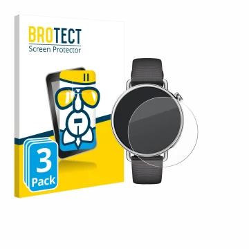 Front side of a product packaging with the brand logo BROTECT. Next to it is the device Xiaomi Watch S4 (41 mm) shown with the