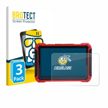 Front side of a product packaging with the brand logo BROTECT. Next to it is the device Launch X-431 Pad IX shown with the cor