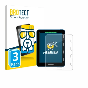 Front side of a product packaging with the brand logo BROTECT. Next to it is the device Vakaros Atlas 2 / Edge shown with the 