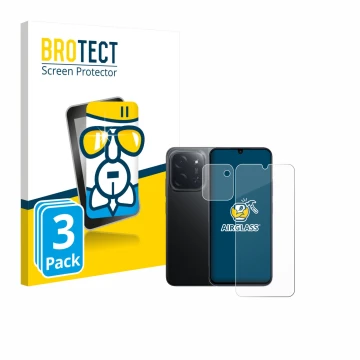 Front side of a product packaging with the brand logo BROTECT. Next to it is the device Xiaomi Poco C85 (Front+Camera) shown w