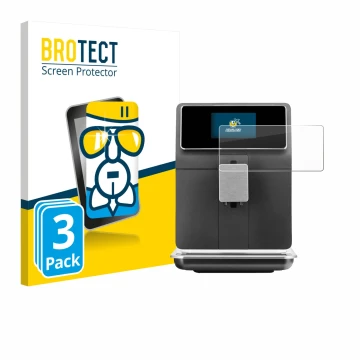 Front side of a product packaging with the brand logo BROTECT. Next to it is the device WMF Perfection 860L shown with the cor