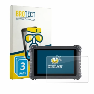 Front side of a product packaging with the brand logo BROTECT. Next to it is the device Autel MaxiSys MS906 Pro shown with the