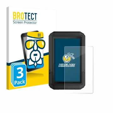 Front side of a product packaging with the brand logo BROTECT. Next to it is the device Garmin eTrex Touch 2025 shown with the