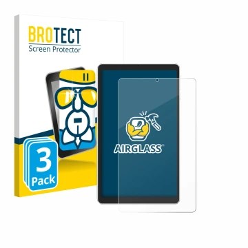 Front side of a product packaging with the brand logo BROTECT. Next to it is the device Ulefone Tab A9 Pro shown with the corr