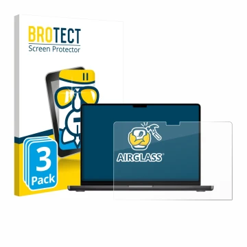 Front side of a product packaging with the brand logo BROTECT. Next to it is the device Apple MacBook Pro 14