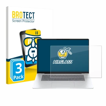 Front side of a product packaging with the brand logo BROTECT. Next to it is the device HP OmniBook 5 16 shown with the corres