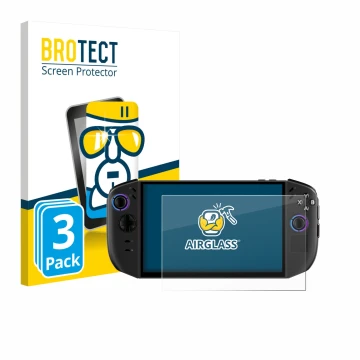 Front side of a product packaging with the brand logo BROTECT. Next to it is the device Lenovo Legion Go Gen 2 shown with the 