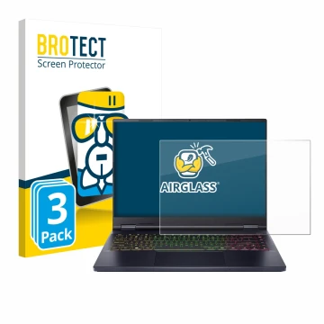 Front side of a product packaging with the brand logo BROTECT. Next to it is the device Acer Predator Helios Neo 14 AI shown w