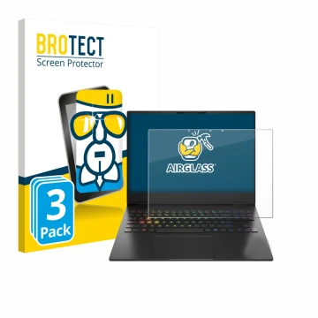 Front side of a product packaging with the brand logo BROTECT. Next to it is the device HP Omen Transcend 16-u1000nl shown wit