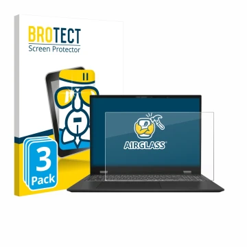 Front side of a product packaging with the brand logo BROTECT. Next to it is the device MSI Prestige 16 AI Evo B1M shown with 