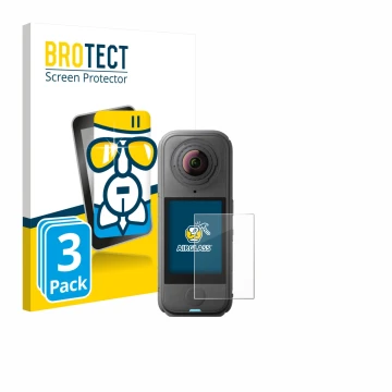 Front side of a product packaging with the brand logo BROTECT. Next to it is the device Insta360 X4 Air shown with the corresp