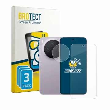 Front side of a product packaging with the brand logo BROTECT. Next to it is the device Vivo X300 (Front+Camera) shown with th