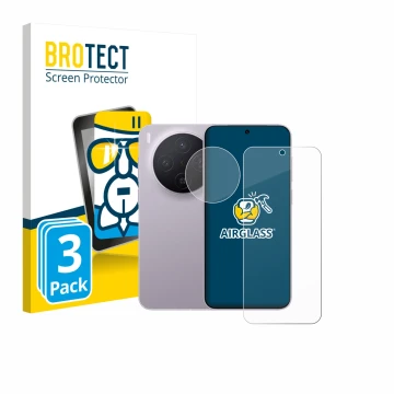 Front side of a product packaging with the brand logo BROTECT. Next to it is the device Vivo X300 Pro (Front+Camera) shown wit