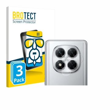 Front side of a product packaging with the brand logo BROTECT. Next to it is the device Xiaomi Poco X7 (ONLY Camera Lens) show