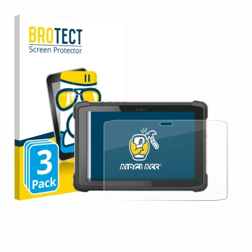 Front side of a product packaging with the brand logo BROTECT. Next to it is the device Hematec SolidTab G99 10
