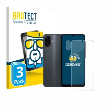 Front side of a product packaging with the brand logo BROTECT. Next to it is the device Samsung Galaxy A07 (Front+Camera) show