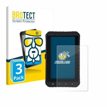 Front side of a product packaging with the brand logo BROTECT. Next to it is the device Winmate M700DQ8 shown with the corresp