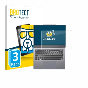 Front side of a product packaging with the brand logo BROTECT. Next to it is the device Tuxedo InfinityBook Pro 14 Gen 10 show