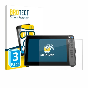 Front side of a product packaging with the brand logo BROTECT. Next to it is the device Lowrance HDS-12 Pro shown with the cor